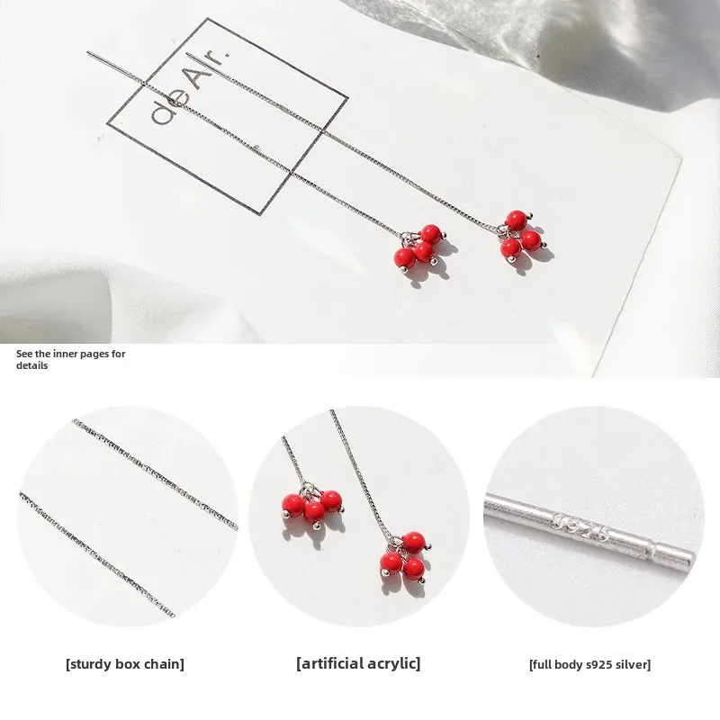 Long Bean Red Cherry Stud Earrings Korean Style Tassel Drop For Women Students Fashion Jewelry Hoop