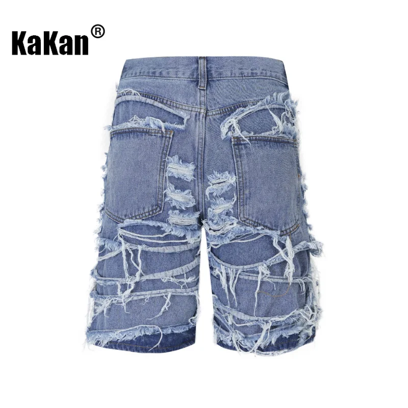 Kakan - Broken Street Hole Cut Cat Beard Jeans Men's Capris, Personalized Fashion Brand Loose Wide Leg Jeans K57-CG86811