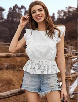 2022 fashion white lace t shirt ladies sexy halter back bow hollow t shirt summer sleeveless solid color ladies ruffled lace top