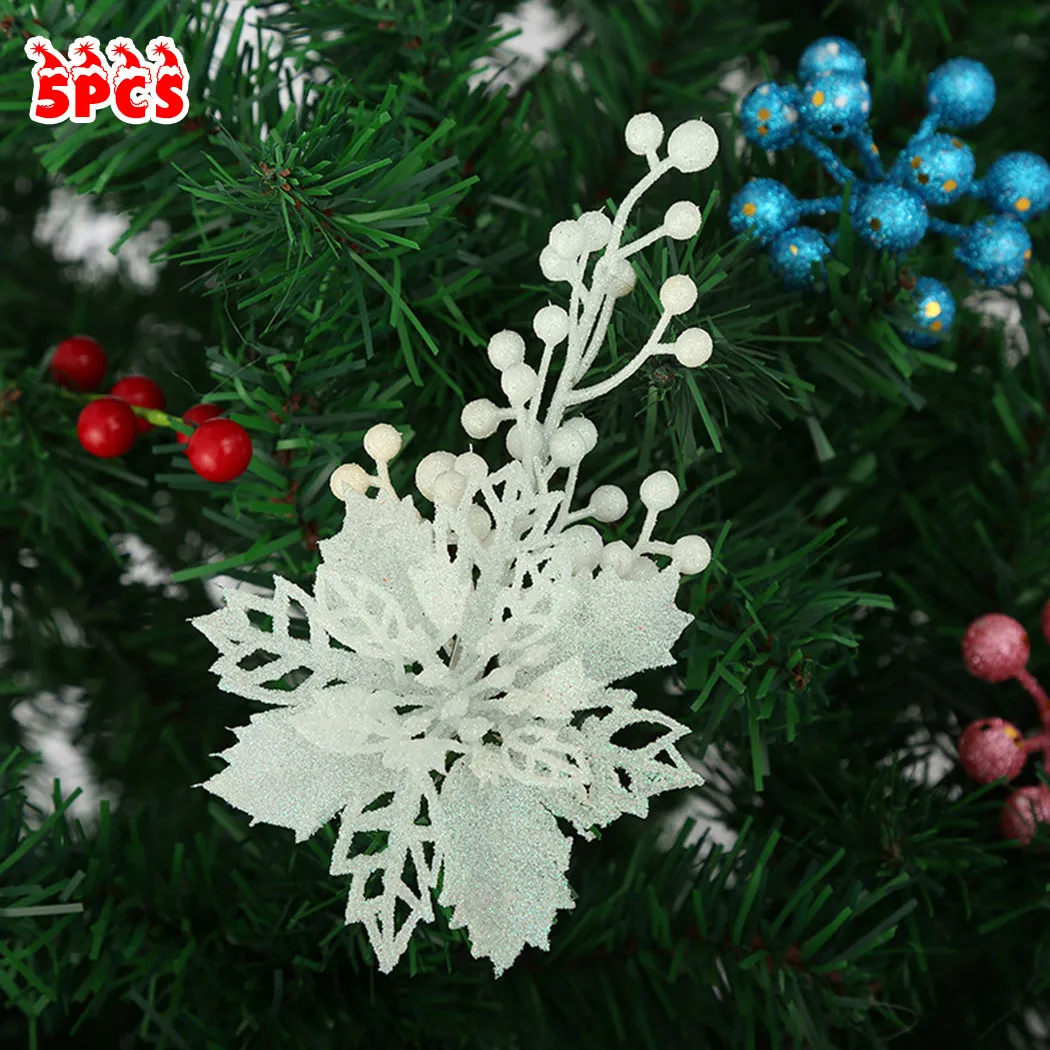 

Party Christmas Flower Ornaments Props Tree Xmas 5pcs Bunch Glitter Hanging Holiday Kit Decoration Flower Fruit