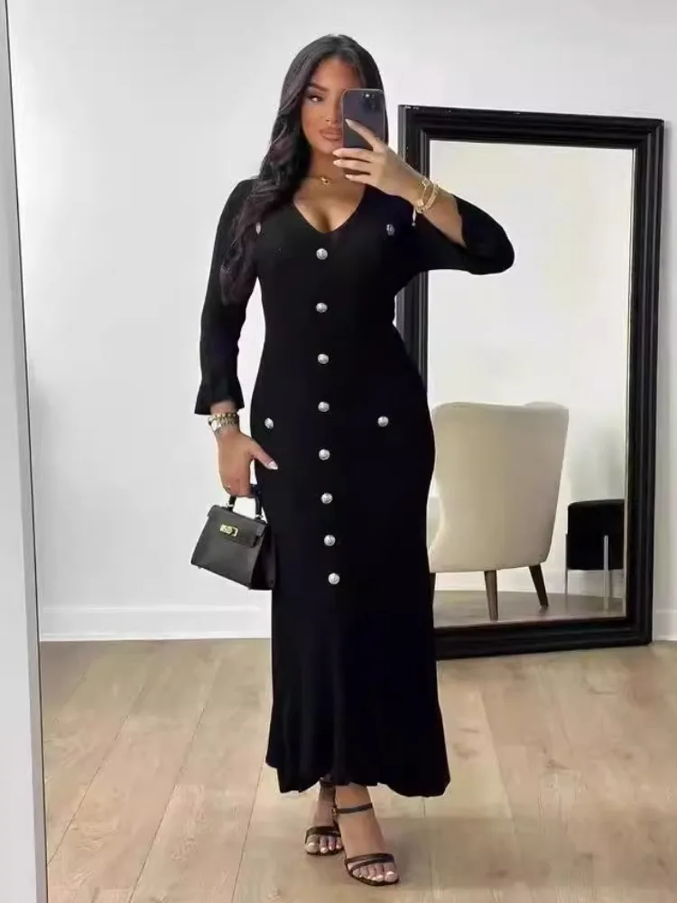 Элегантные вязаные Макси-Платья на пуговицах для женщин сексуальное облегающее