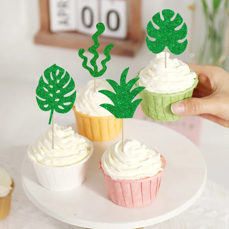 

12/24pcs Green Palm Leaf Cake Toppers Glitter Pineapple Flamingo Cupcake Toppers For Hawaii Tropical Wedding Birthday Cake Decor