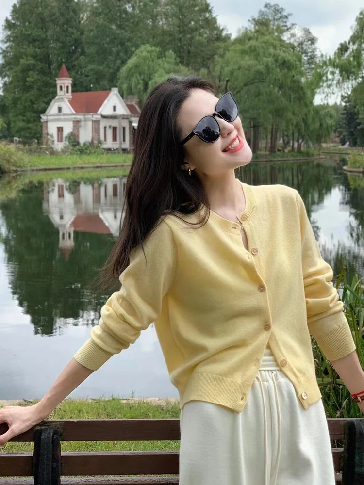 Желтый вязаный кардиган с длинными рукавами верхняя одежда для женщин осень-зима