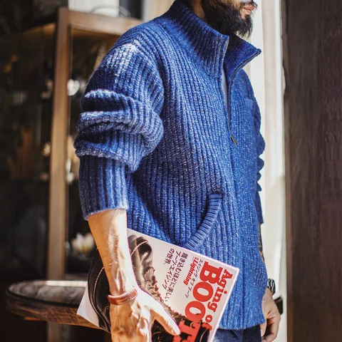 Maden мужской синий вязаный кардиган из шерсти