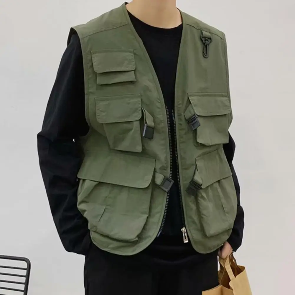 

Multi Pockets Buckles Closure Tooling Vest Solid Color Sleeveless Thin Outdoor Cargo Waistcoat for Fishing