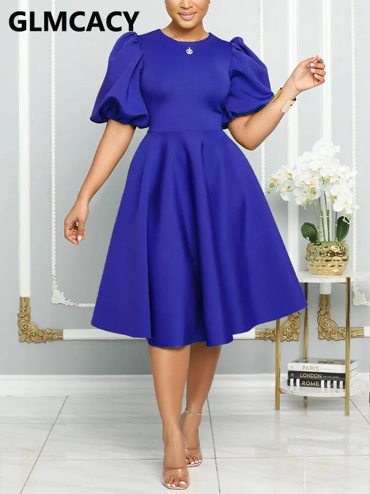 

Women Puff Sleeve A-line Solid OL Elegant Midi Party Dress