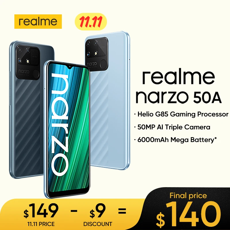 

realme Narzo 50A New Smartphone Helio G85 Octa-core 6000mAh Mega Battery 50MP AI Triple Camera 6.5” Mini-drop Fullscreen NFC