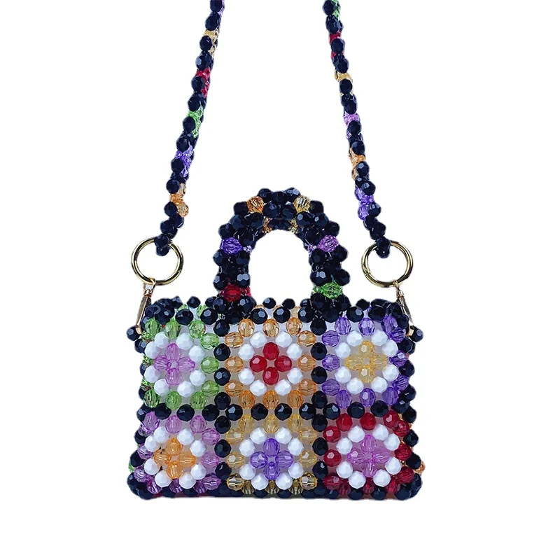 Colorful Acrylic Beaded Handbag Ethnic Style Hand-woven Contrast   Plaid Square Bag Chain Crossbody Bag Knitting Shopper Purses