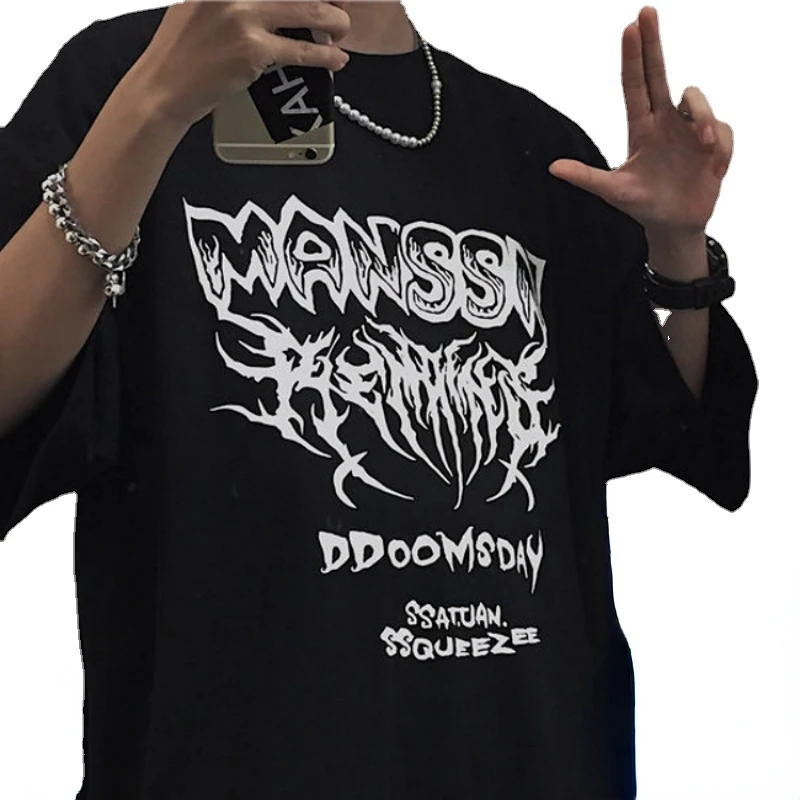 

Gmiixder 2022 Summer T-shirt Men New Dark Gothic Letter Printing Bottoming Short-sleeved Shirt Hip-hop Trendy Hip Hop Women Tops