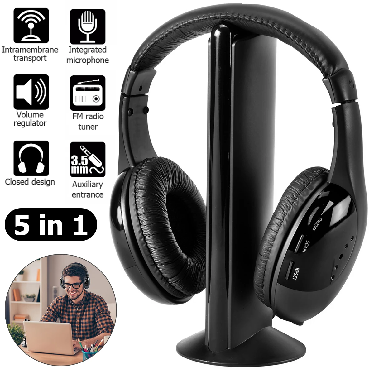 

Беспроводная ТВ-гарнитура 5 в 1, 2,4 ГГц, радиочастотный передатчик, удобные Накладные наушники, Y-адаптер, Голосовой режим для компьютера, прос...