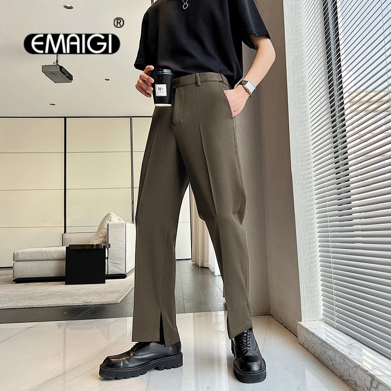 

Men Hem Split Fashion Casual Straight Suit Pant Man Japan Korean Streetwear Business Chic Pants Male Trousers