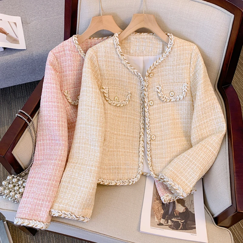 

French Temperament Elegant Plaid Tweed Jacket Coat For Women Vintage O-Neck Long Sleeve Female Casual Single Breasted Outerwear