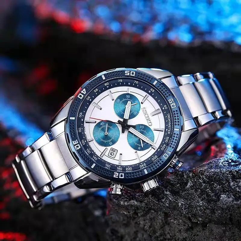 

2022 New Seiko Men's Watch Stainless Steel Blue Angel Chronograph Diver Sport Leather Quartz Wrist Watch