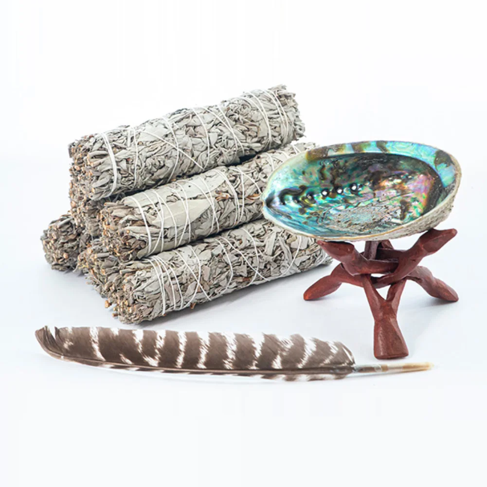 

Abalone Shell Smudge Kit Wooden Tripod Stand Holder for White Sage Stick Room Purification Meditation Smoke Supplies Home Decor