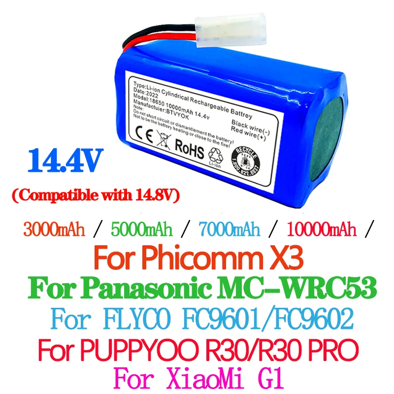

14.4V 10000mAh Vacuum Battery for XiaoMi G1, For Panasonic MC-WRC53, For Phicomm X3, For FLYCO FC9601, FC9602 5.0