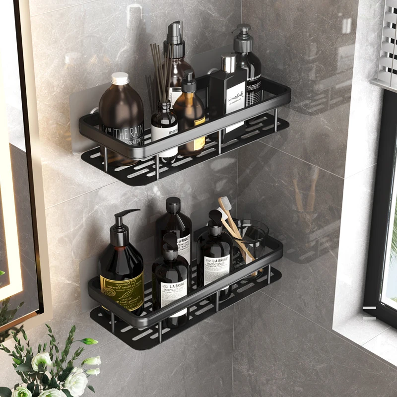 

Bathroom Shelves Black Shelves Wall Mounted Aluminum Storage Basket Organizer No-drill Wall Mount Shampoo Storage Rack Holder