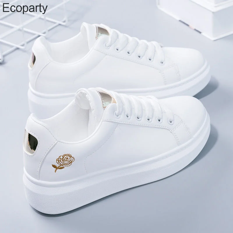 

Women Casual Shoes New Spring White Sneakers Breathable Flower Lace-Up Women White Flat Sneakers Shoes Fashion Embroidered 30
