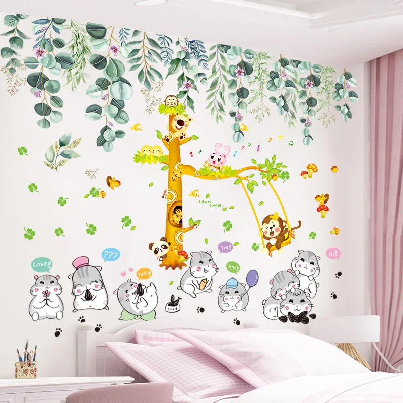 

[shijuekongjian] Plant Leaves Wall Stickers DIY Tree Animals Wall Decals for Living Room Kids Bedroom Kitchen Home Decoration