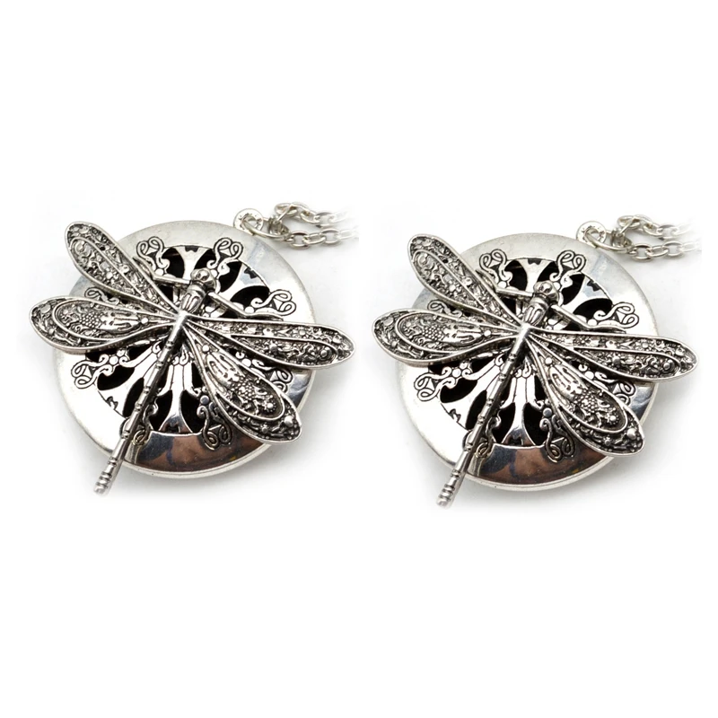 

2Pc Antique Silver Dragonfly Aromatherapy Diffuser Pendant Necklace