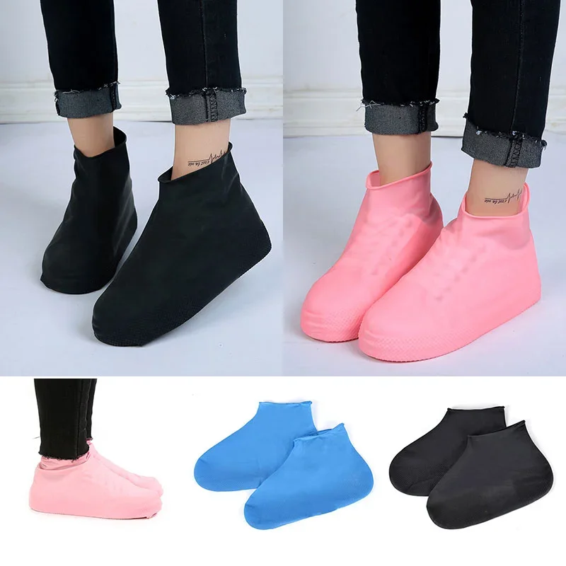 

Black Waterproof Rain Shoes Covers 1 Pair Reusable Latex Slip-resistant Rubber Rain Boot Overshoes Shoes Accessories Size M