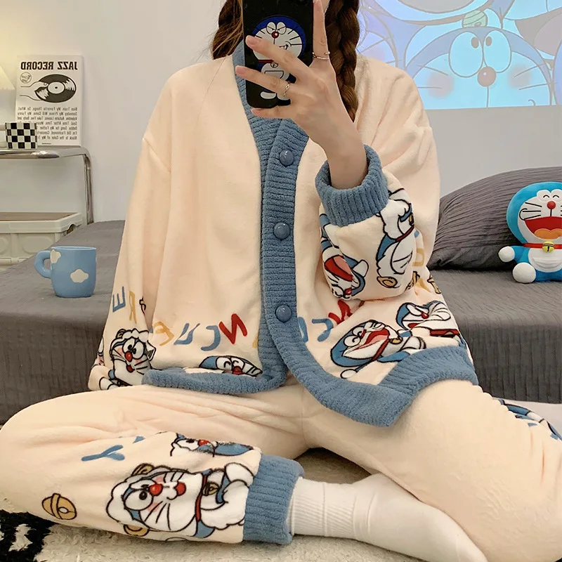 Women Winter Pajama Set Single Breasted Comfortable Females Thick Warm Soft Flannel Simple Leisure V-Neck Home Sleepwear Suit