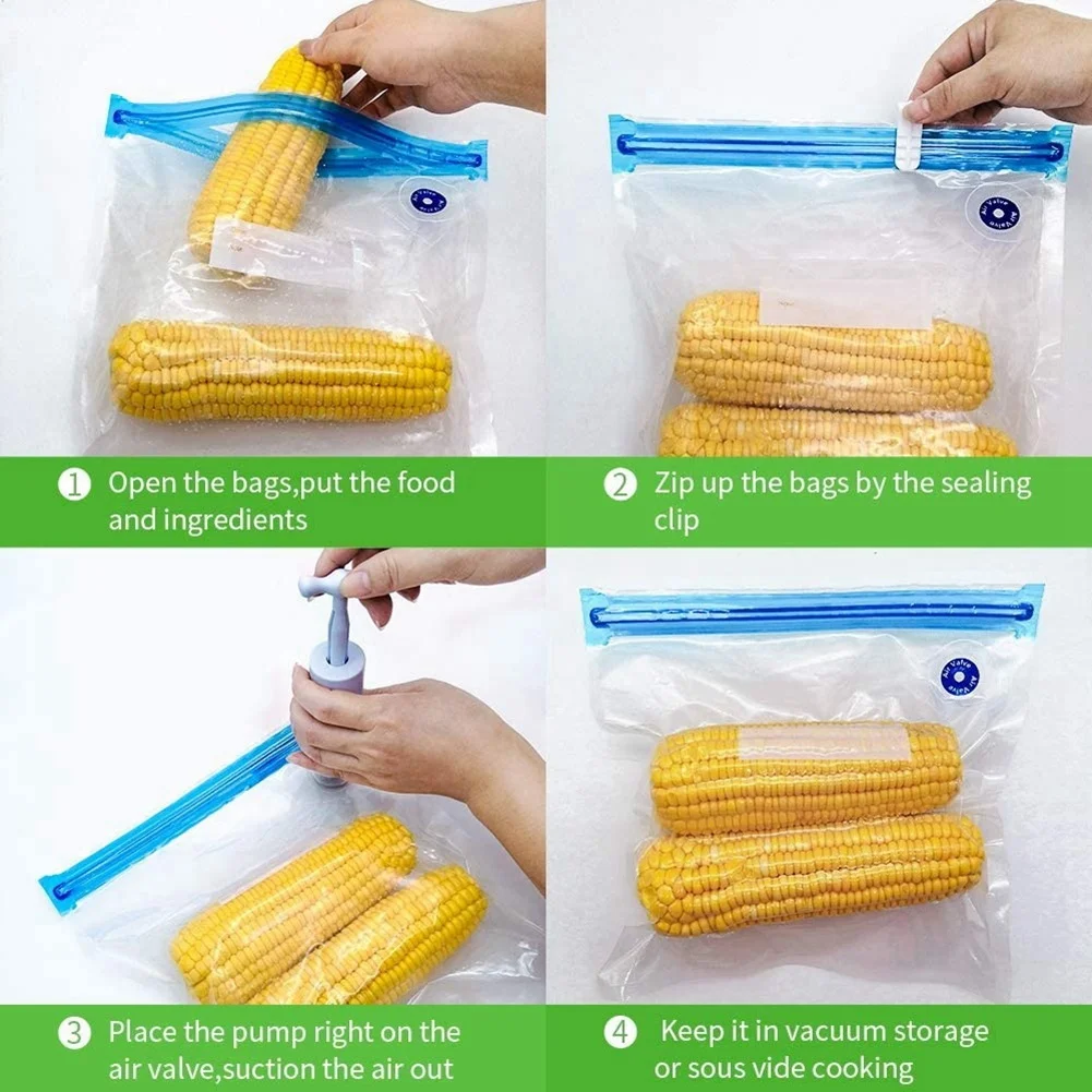 Фото Многоразовые пакеты для сублимационной вакуумной упаковки Sous Vide (20 шт.) с ручным насосом, 3 размерами пакетов и 4 зажимами для электрического вакуумного упаковщика/мультивака. №1