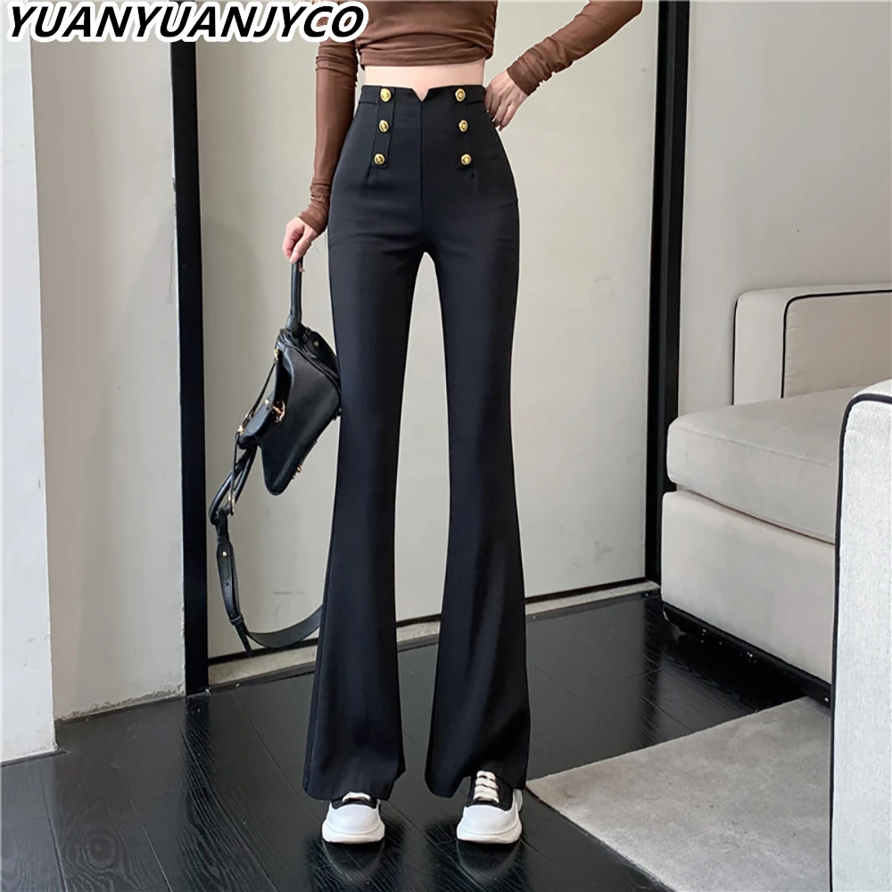 

YUANYUANJYCO Korean Fashion High Waist Flare Pants Women Casual Spring Autumn Vintage Glitter Metal Buttons Black Trousers Woman