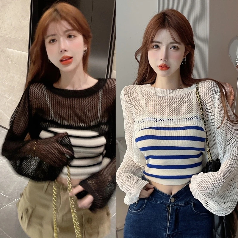 

Chic Hollow Knit Smock Tops for Women Long Sleeves Crop Pullover All-matching Striped Tank Tops Sun Protection Cover Ups