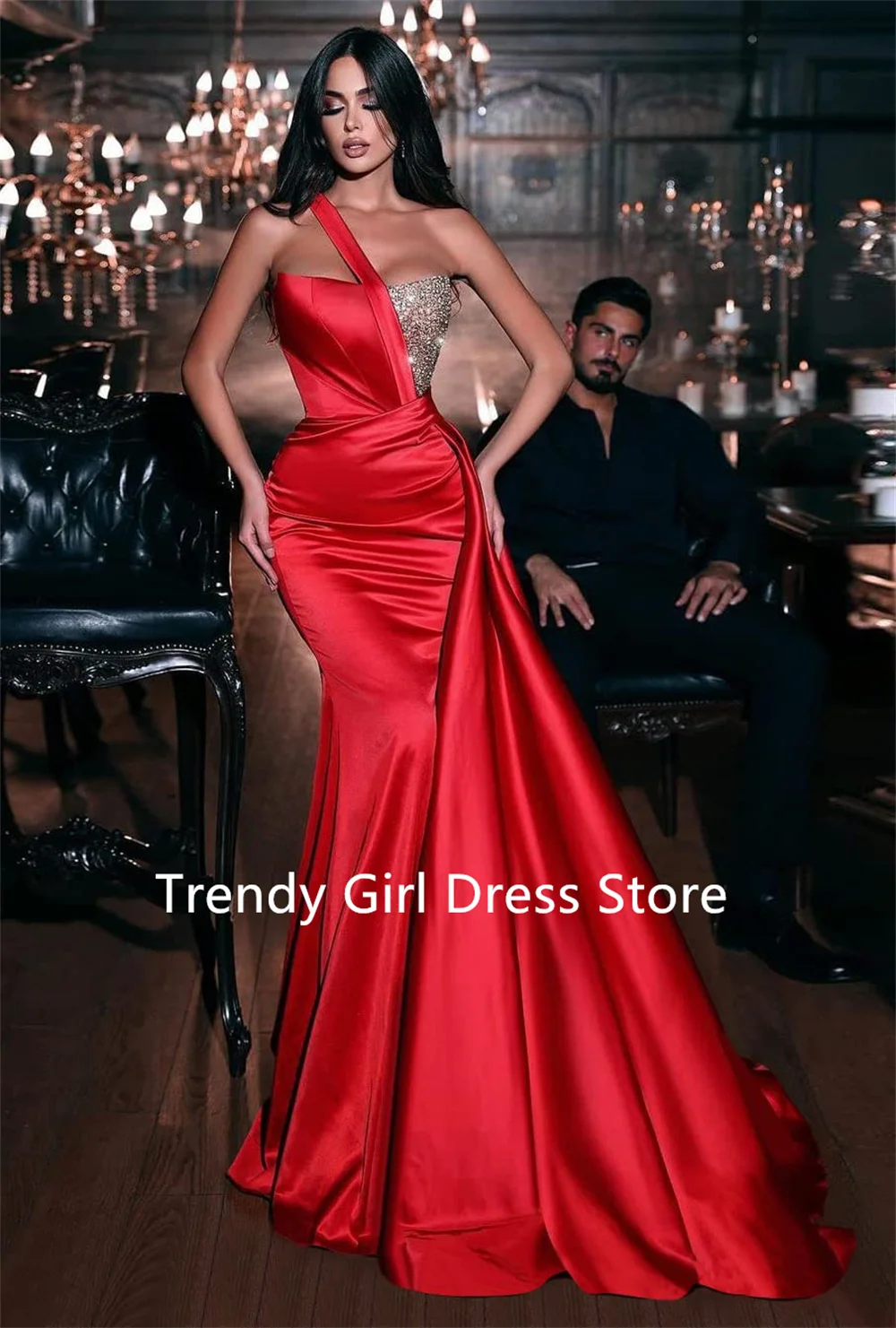 

One Shoulder Sequin Mermaid Prom Dress Satin Ruched Ball Gowns Long Evening Formal Party Dress for Women Robes De Soirée