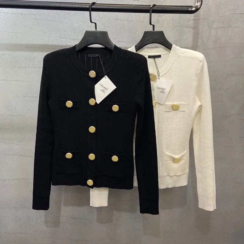 

22 New High-quality Solid Color Cardigans Fashion Runway Singel Breasted Round Neck Knitted Sweater Slimming Long Sleeve Clothes