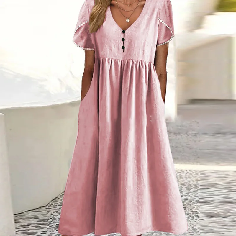 

Summer Fashion Female V-neck Button Pocket Beach Dress 2023 New Casual Short Sleeve Pleated Long Dress Elegant Solid Party Dress