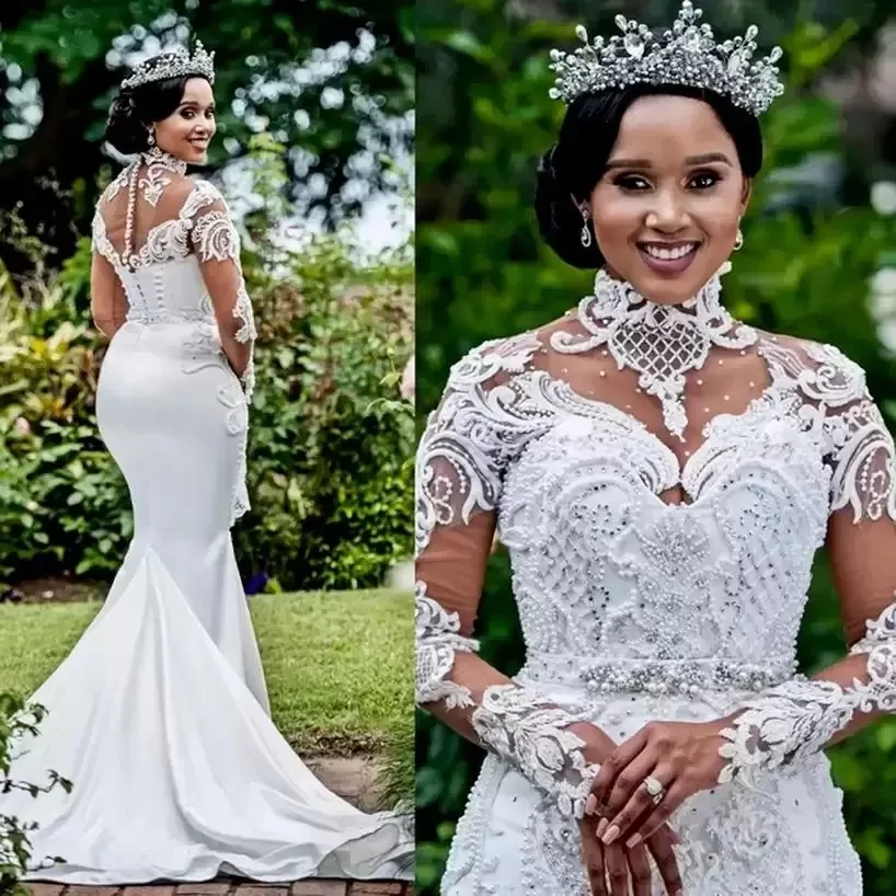 

Свадебные платья с длинным рукавом с юбкой-годе 2024 с высоким воротом, Африканское нигерийское кружевное платье с кристаллами, арабское Aso Ebi, свадебное платье принцессы для приема