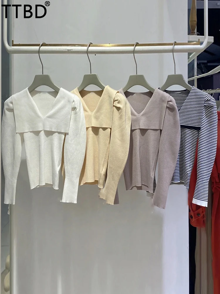 

TTBD 2022, женский весенне-летний японский стиль, новая мода, милый однотонный вязаный свитер, женские корейские длинные пышные рукава, матросск...