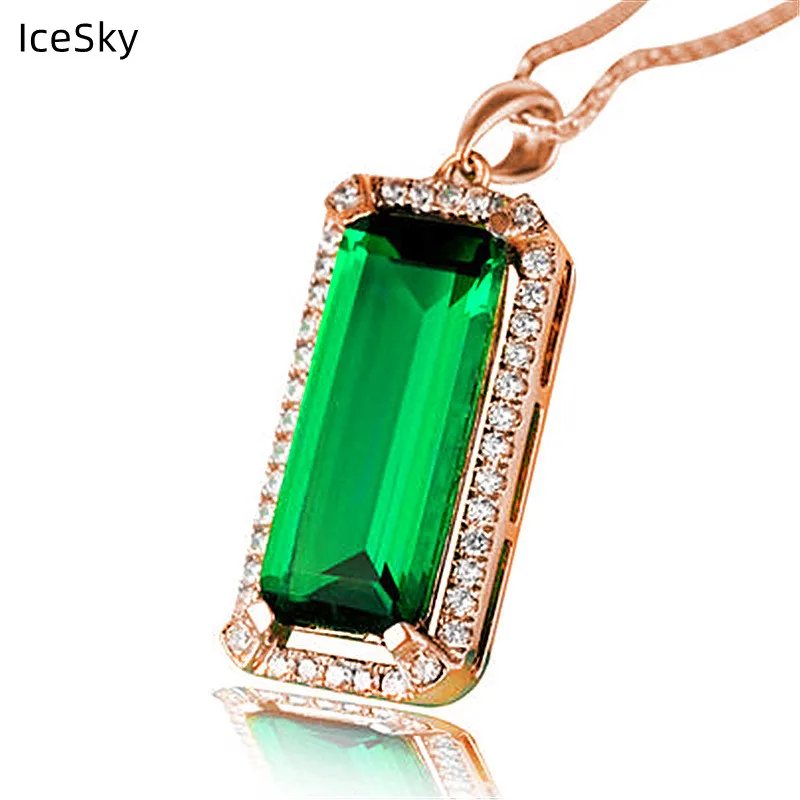 

Fashion 18K Rose Gold Plated Emerald Square Diamond Pendant Luxury Emerald And Diamond Jewel Necklace Pendant For Women