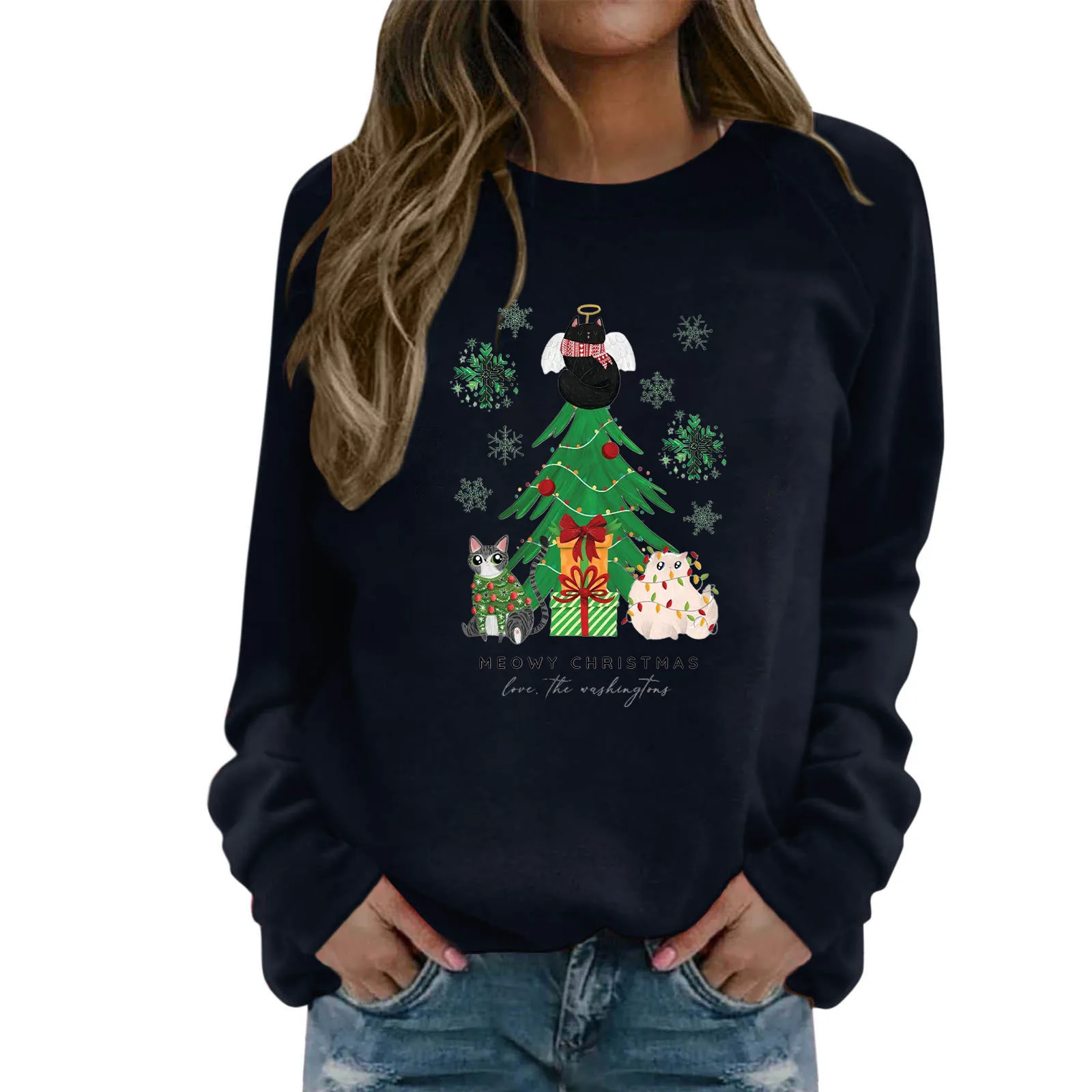 

Women's Casual Round Neck Drop Shoulder Long Sleeve Christmas Tree Gift Box Kitty Print Sweatshirt