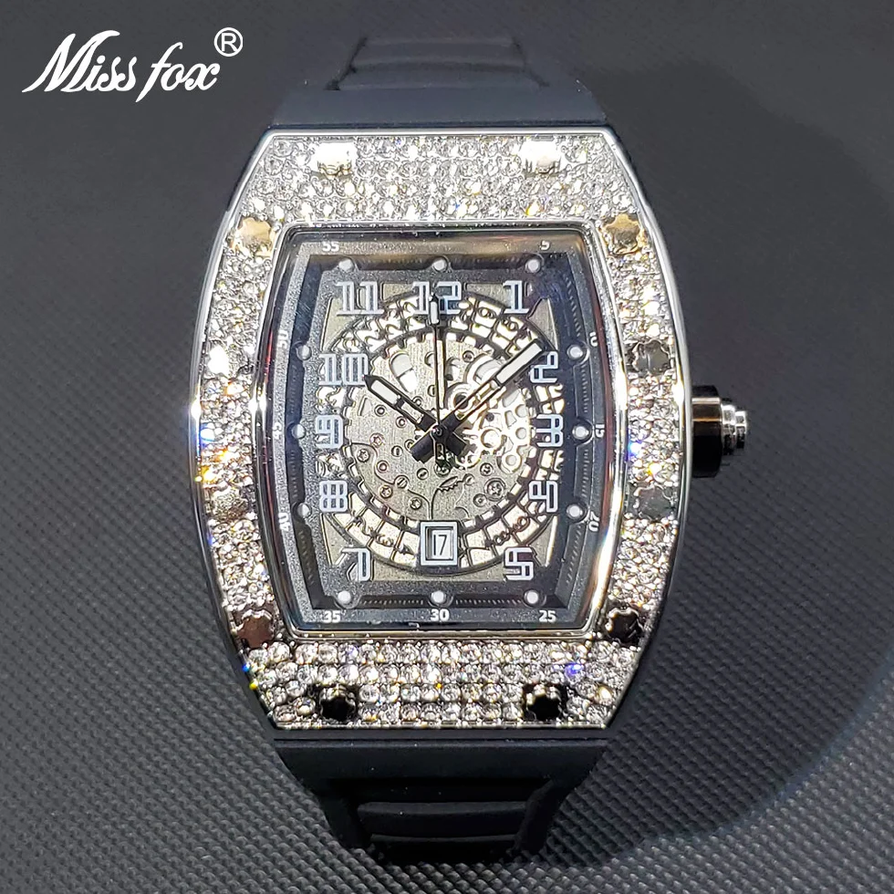 

Luxury Watch For Men Large Wrist Full AAA Cuban Zircon Iced Out Star Case Quartz Watches Silcone Strap Calendar Male Dropship