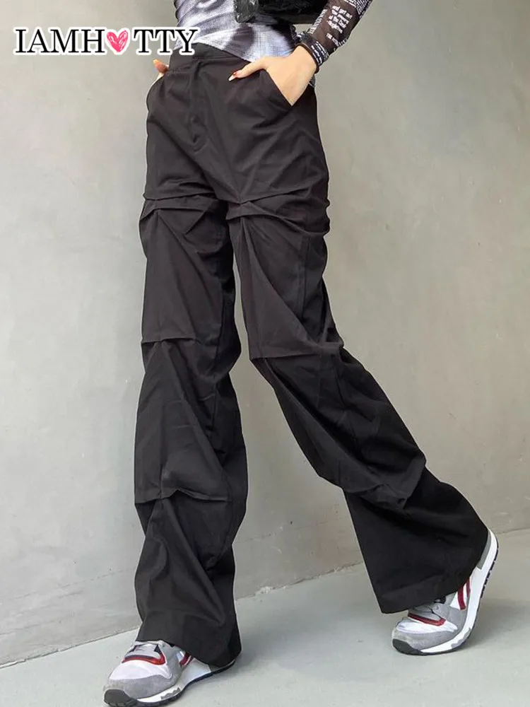 

IAMHOTTY Grunge Casual Folds Baggy Cargo Pants Women Black Dark Academia Sweatpants Joggers Vintage Trousers Street Punk Outfit