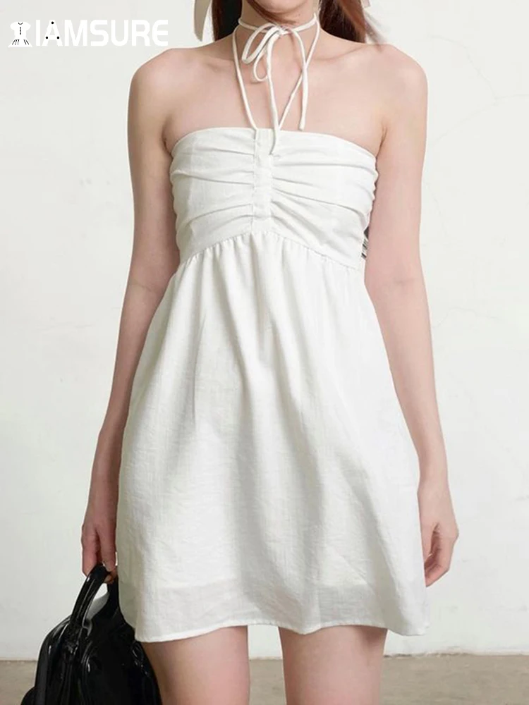 

IAMSURE праздничное базовое однотонное платье-трапеция со складками и лямкой на шее пикантные облегающие мини-платья без рукавов с воротником-лодочкой для женщин 2023 пляжный стиль