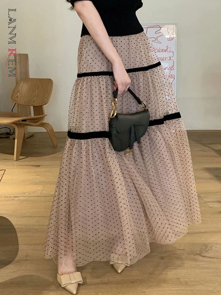 

LANMREM Wave Point Gauze Skirt For Women Patchwork High Waist Mid-calf A-line Skirts Female Fashion 2022 New Summer 2N678