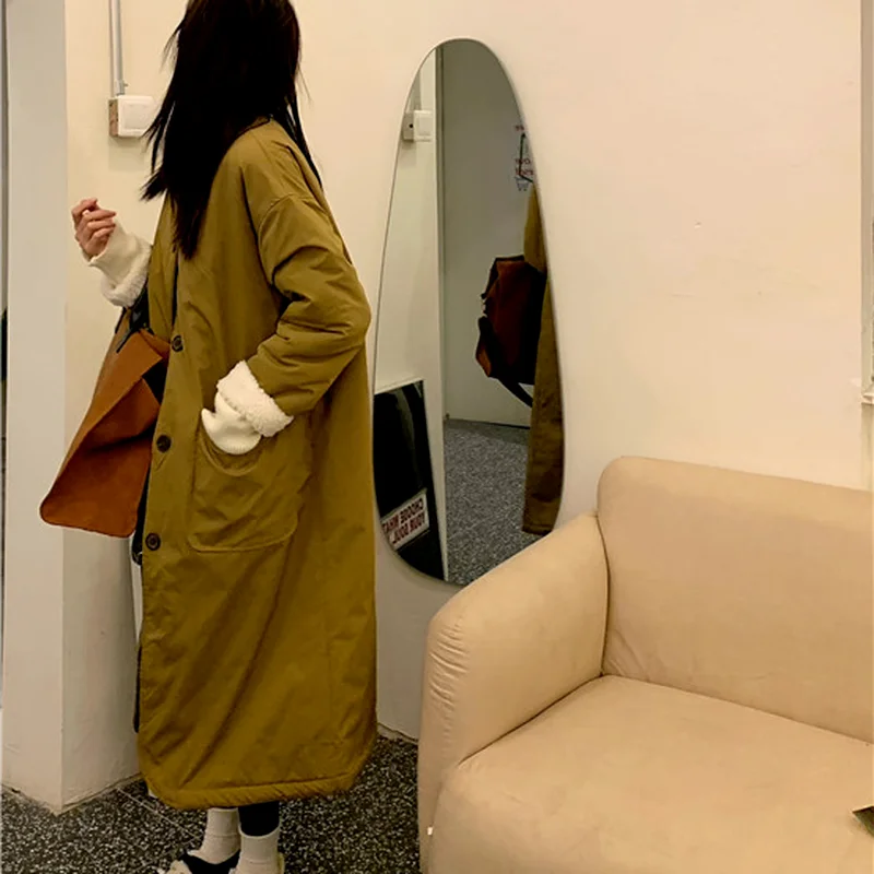 Thickened Parka Coat on Both Sides Wear Casual Long Single-breasted Cotton Jacket Women 2022 Winter New Lamb Velvet Jacket
