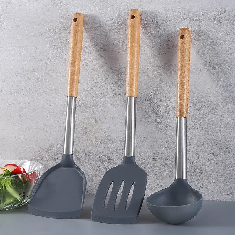 

Silicone Kitchenware Cooking Utensils Set Non-stick Cookware Spatula Shovel Wooden Handle Kitchen Cooking Tool Set