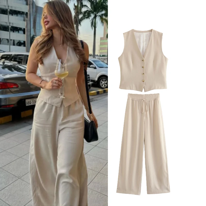 

Pants Set Women Summer 2023 New 2-piece Set Fashion High Waist Wide-Leg Pants Elastic Waist Holiday Suits Women Chic Street Set