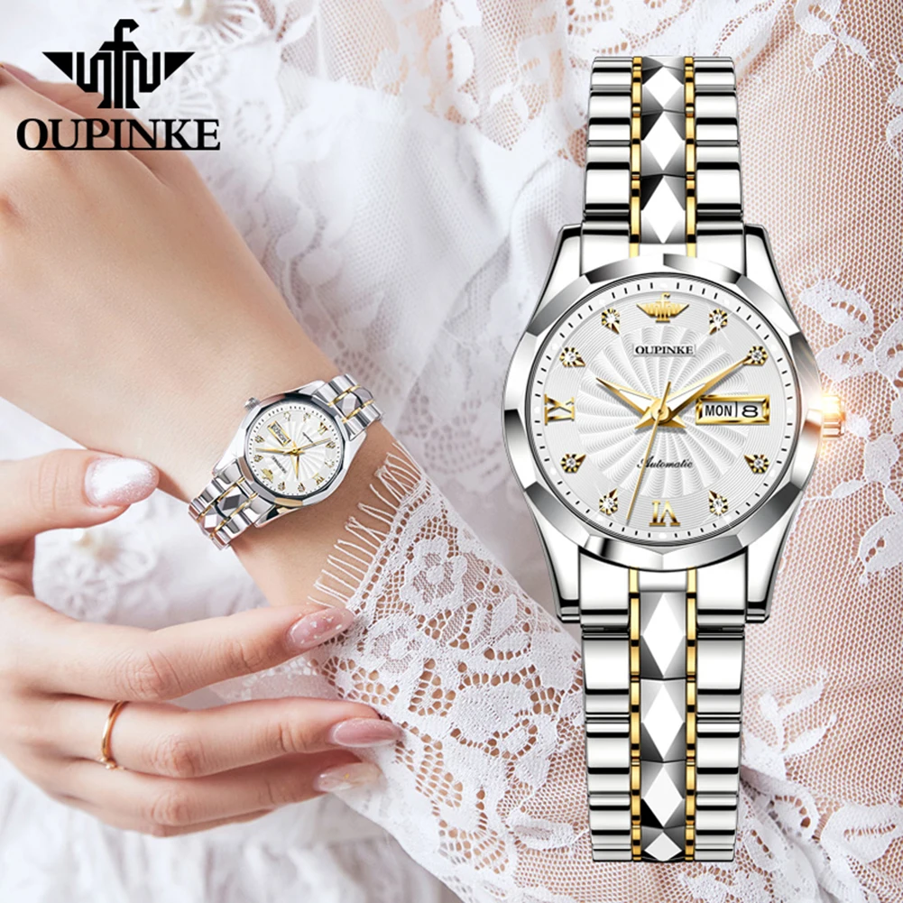 OUPINKE Swiss Brand Women Watch Automaitc Self Wind Mechanical Fashion Sapphire Crystal Dress Wristwatch Waterproof Ladies Watch