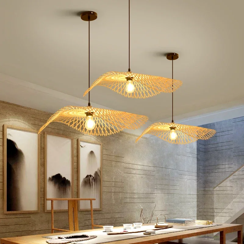 Modern Bamboo Hand Woven Art Chandelier Dining Rroom Natural Rattan Wicker Lantern pendant lights Bedroom deco lighting