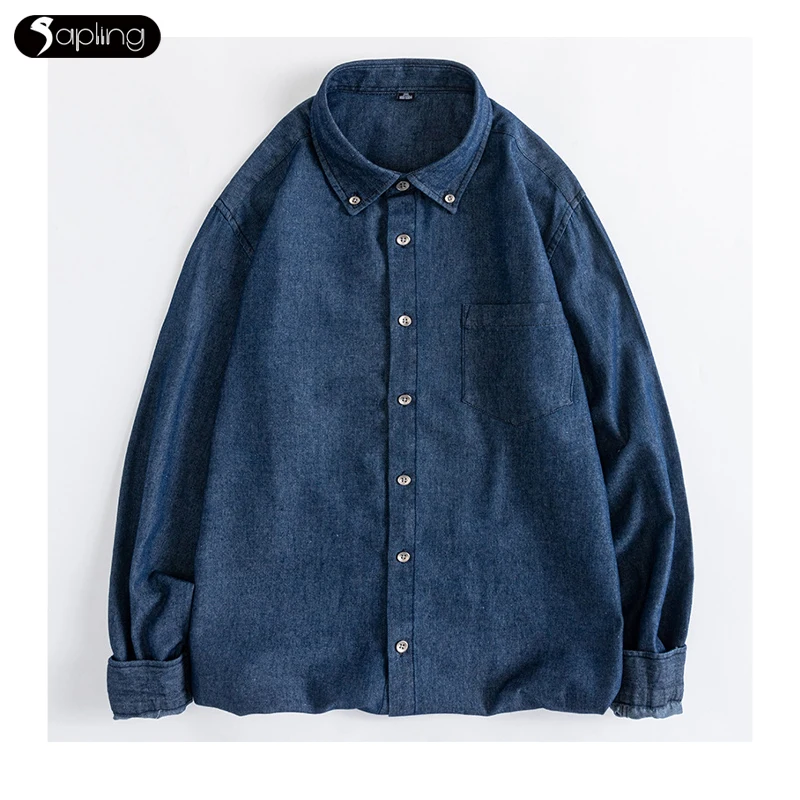 

Japanese Men's Jean Shirts Couples Teen Denim Shirts Men Solid Color Cotton Washed Retro Shirts Top Men Long Sleeve Casual Shirt