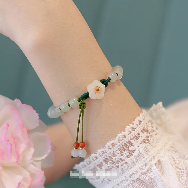 

Elegant Round Jade Bead Bracelets Sweet Small Peach Blossom Braided Bracelet Beads Transfer Crabapple Flower Bracelet Jewelry