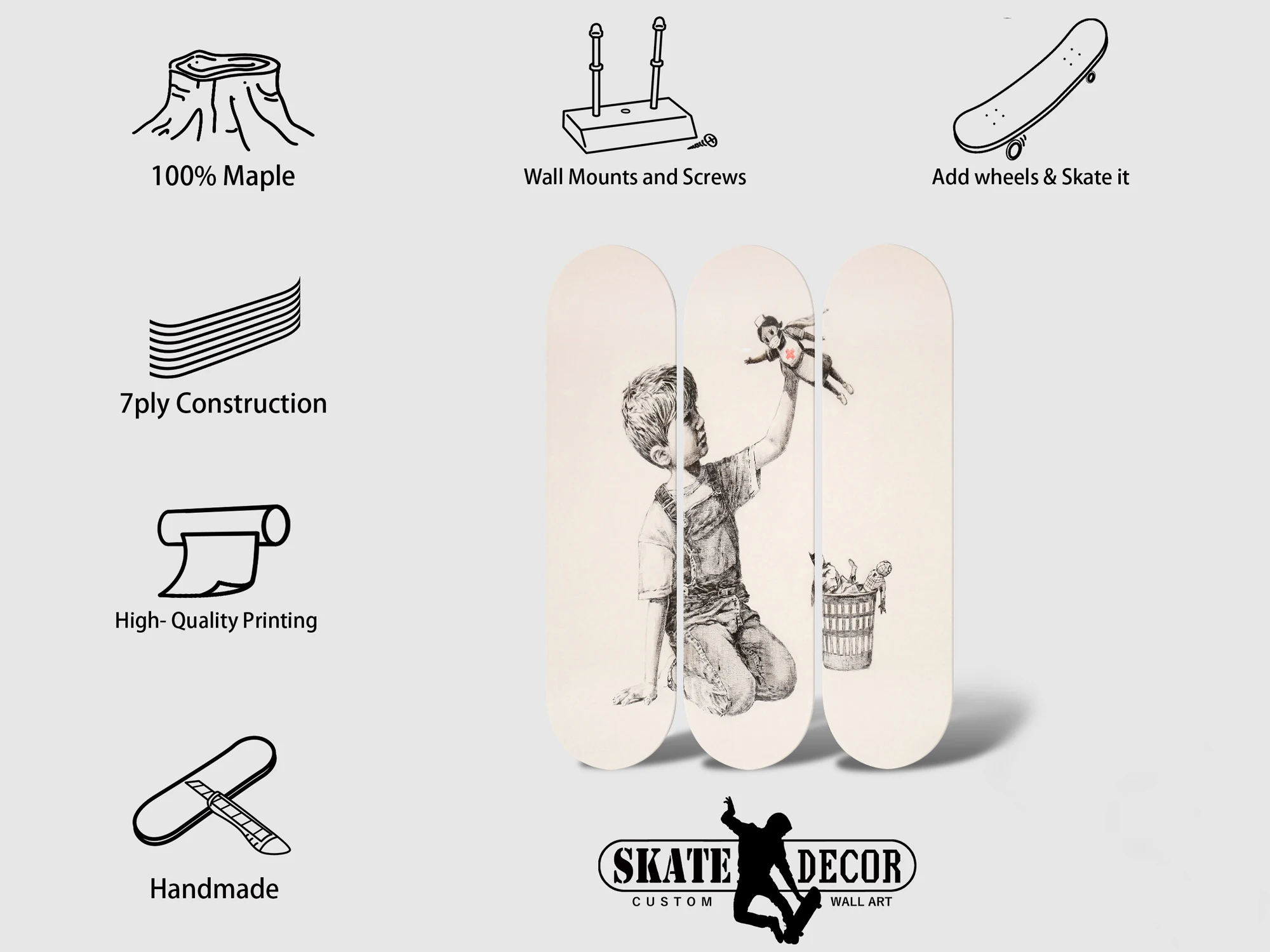 Фото Набор из 3 настенных панно Banksy Skateboard: Профессиональные настенные декоративные панели в стиле поп-арт для баров, клубов и игровых комнат №3