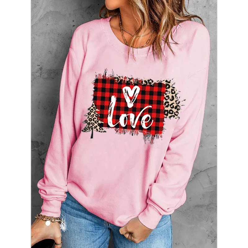 

Rheaclot Plaid Leopard Love Letter Print Ladies Retro Vintage Cotton Long Sleeves Sweatshirt