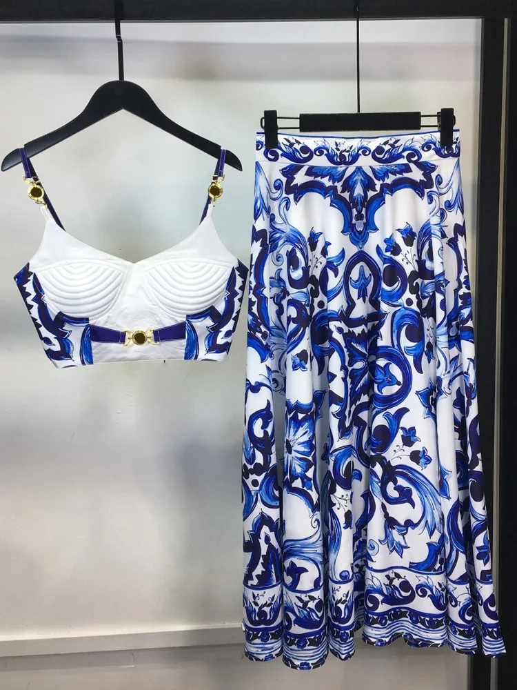 Summer Holiday Blue And White Porcelain Two Piece Set Women's Spaghetti Strap Padded Cup Zipper Print Short Top+Long Skirt Suits