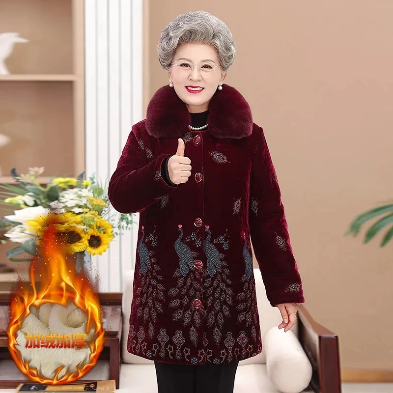 2023 Grandma's Parka Women's Long Cotton-Padded Coat Mother's Winter Velvet Padded Velvet Thickened Wool Collar Cotton Jacket